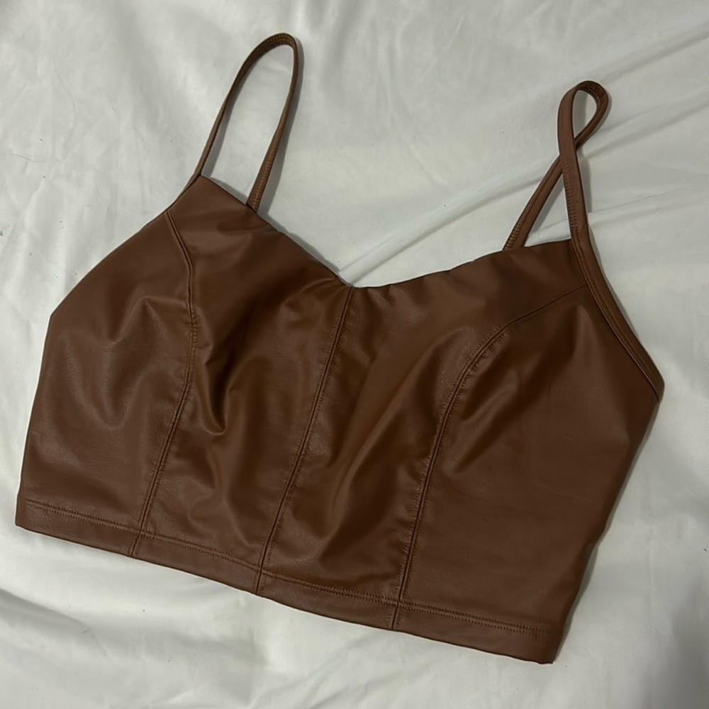 OFFLINE by Aerie Real Luxe Faux Leather Crop Top in Brown